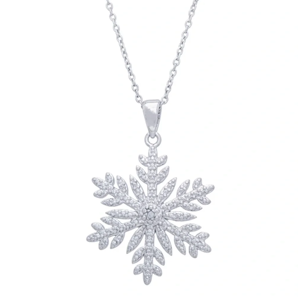 NWT Silver Plated Diamond Accent Snowflake Pendant Necklace 17” Chain - Picture 2 of 8